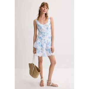 Peter Som Collective Blue Floral Toile Eyelet Tiered Belted Mini Dress Size 4